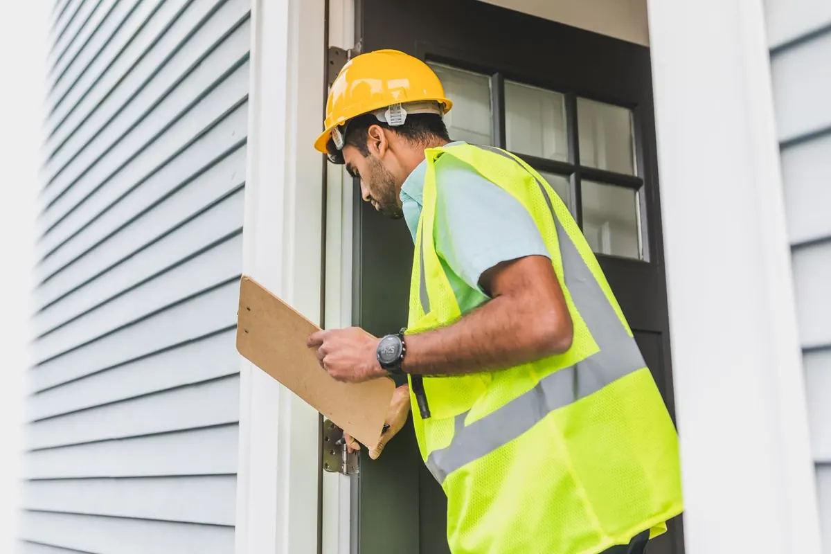 Contractor in a hard hat writing on a clipboard at a house