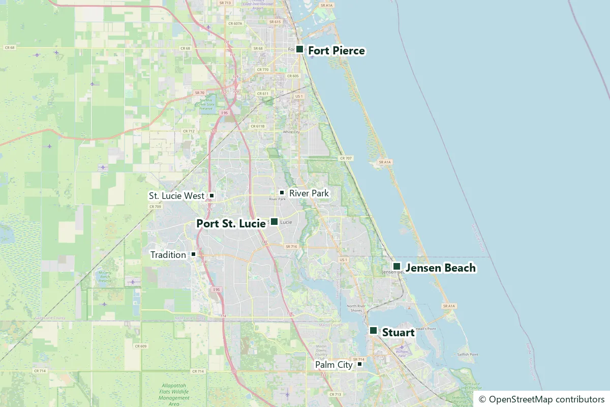 Map of the Port St. Lucie area marking Port St. Lucie, Fort Pierce, Stuart and Jensen Beach